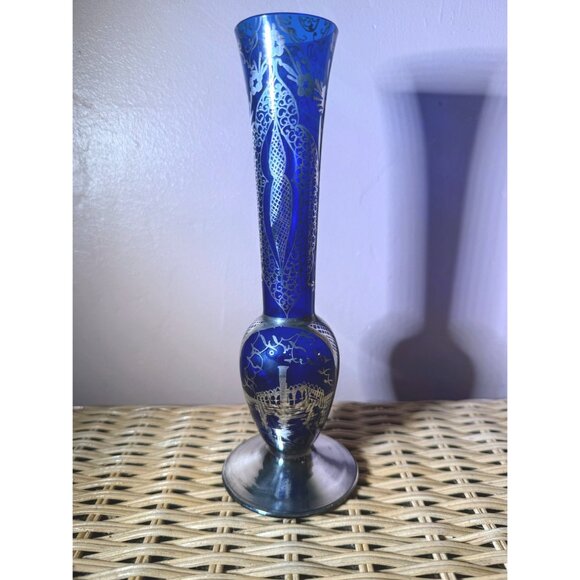 Vintage 50's Venetian Art Glass Bud Vase Blue Silver Overlay Gondola - Picture 11 of 11